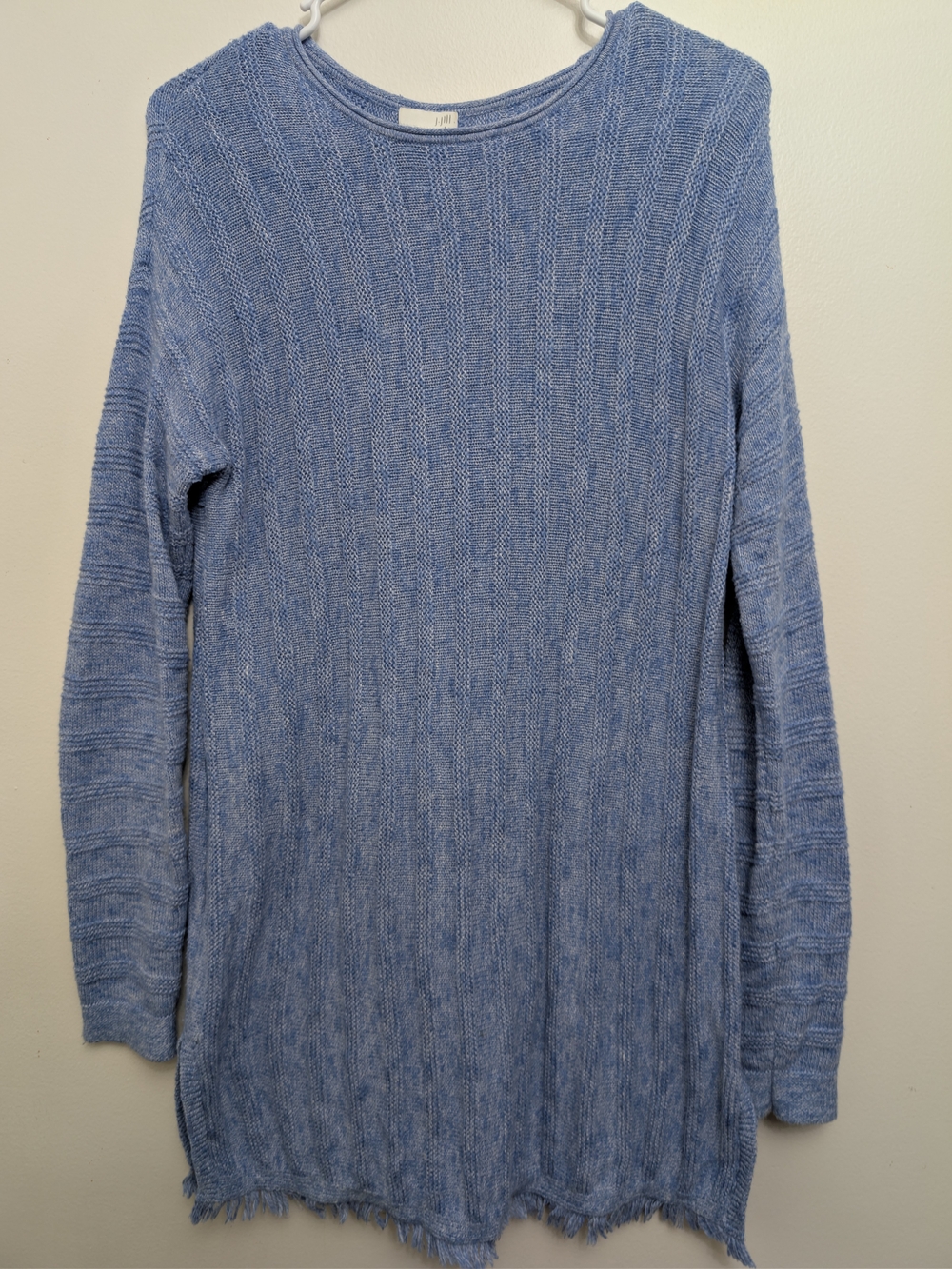 J.Jill Blue Marled Tunic Sweater, Button Back, Fringe Hem, XS